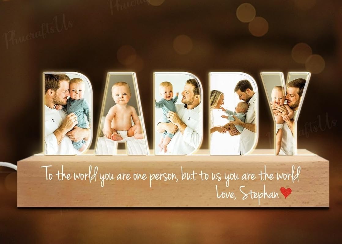 Pinewood With Printed Acrylic Personalised Rectangular Photo Frame With LED (3X12 Inch), Customized Photo Frame, Birthday Gift, Fathers Day Gift, Daddy Gift, Tabletop, Brown