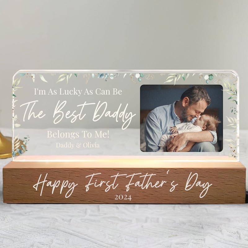 Pinewood With Tabletop Printed Acrylic Personalised Rectangular Photo Frame With LED (3X12 Inch), Customized Photo Frame, Birthday Gift, Fathers Day Gift, Daddy Gift, Brown